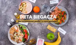 Zdrowe posiłki dla biegacza: owsianka, kurczak z ryżem, łosoś z warzywami, owoce i batonik. Dieta biegacza to klucz do sukcesu.