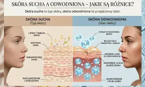 Picie wody ma kluczowe znaczenie dla nawodnienia skóry. Obraz pokazuje różnice między skórą suchą a odwodnioną, podkreślając pozytywne efekty picia wody na cerę.