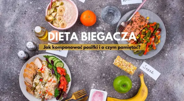 Zdrowe posiłki dla biegacza: owsianka, kurczak z ryżem, łosoś z warzywami, owoce i batonik. Dieta biegacza to klucz do sukcesu.