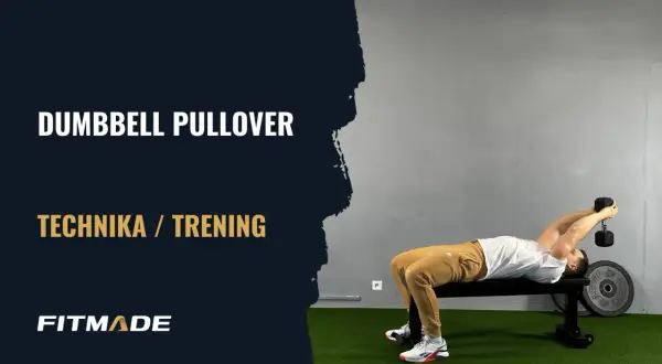 Mężczyzna wykonuje ćwiczenie **dumbbell pullover** na ławce, trzymając ciężarek nad głową.