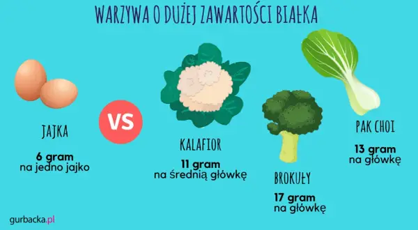 Warzywa o dużej zawartości białka: brokuły (17g/główkę), pak choi (13g/główkę), kalafior (11g/średnią główkę) vs jajka (6g/jajko).