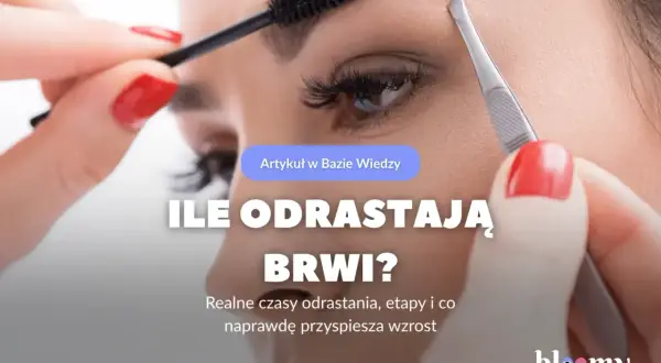 Dłoń z czerwoną hybrydą układa brwi szczoteczką, podczas gdy druga chwyta pęsetę. Artykuł odpowiada na pytanie, czy brwi odrastają.