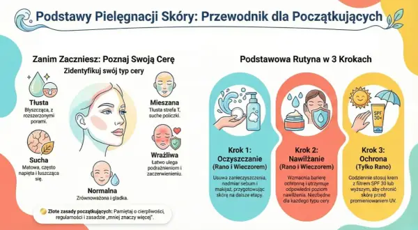 Poranna pielęgnacja twarzy: rozpoznaj typ cery, oczyszczaj, nawilżaj i chroń skórę przed słońcem.