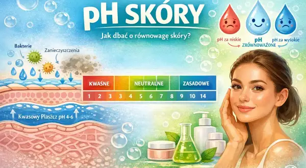 Ilustracja pokazuje, jak dbać o równowagę skóry i jej prawidłowe pH. Widzimy warstwy skóry, bakterie, zanieczyszczenia, skalę pH oraz uśmiechniętą kobietę.