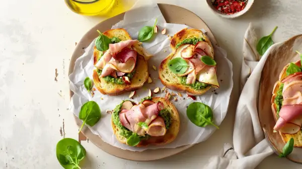 Aromatyczne kanapki z pesto, szynką i świeżą bazylią, posypane migdałami. Idealne na szybką przekąskę.